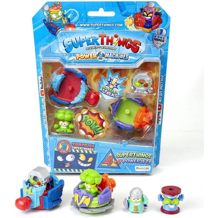 SUPERTHINGS Power Machines – Blíster 4 SuperThings (Incluye 1 capitán Plateado) y 2 PowerJets Diferentes.