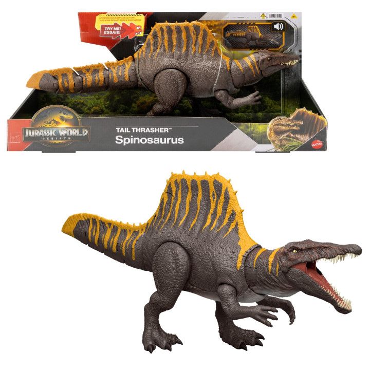 Mattel Jurassic World Rebirth Tail Thrasher Spinosaurus JGB57, figura articulada con 2 ataques y código escaneable