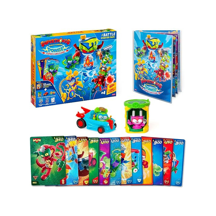 SUPERTHINGS Power Super Card Game Battle Starter Pack, Hideout, Supercar, 2 figuras, libro de colección y 12 cartas