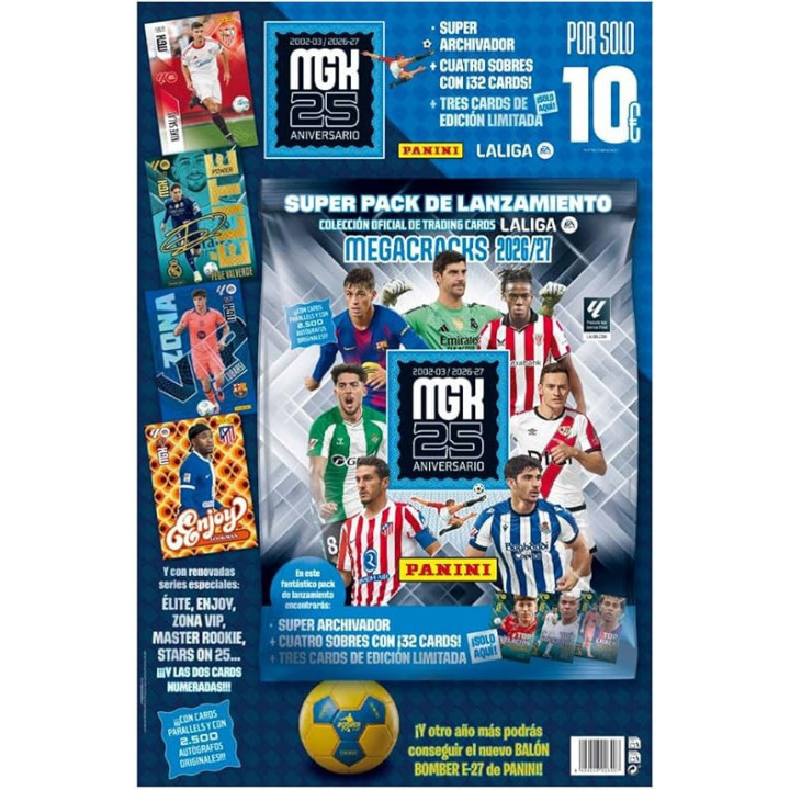 Panini Megacracks LaLiga 2026-2027 Super Pack de Lanzamiento, archivador, 4 sobres y 3 cartas de edición limitada