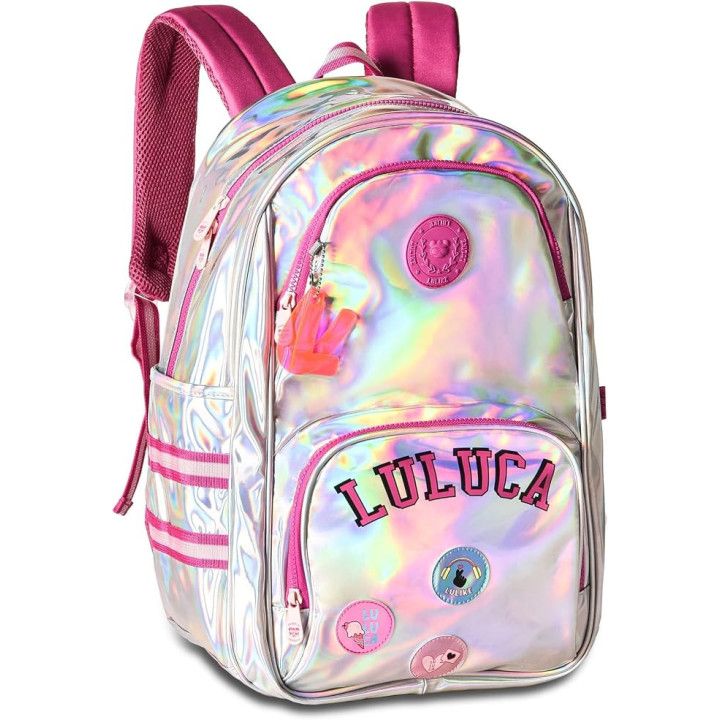 Clio Style x Luluca mochila escolar 17,5 pulgadas, material iridiscente láser, correas acolchadas, 6-15 años