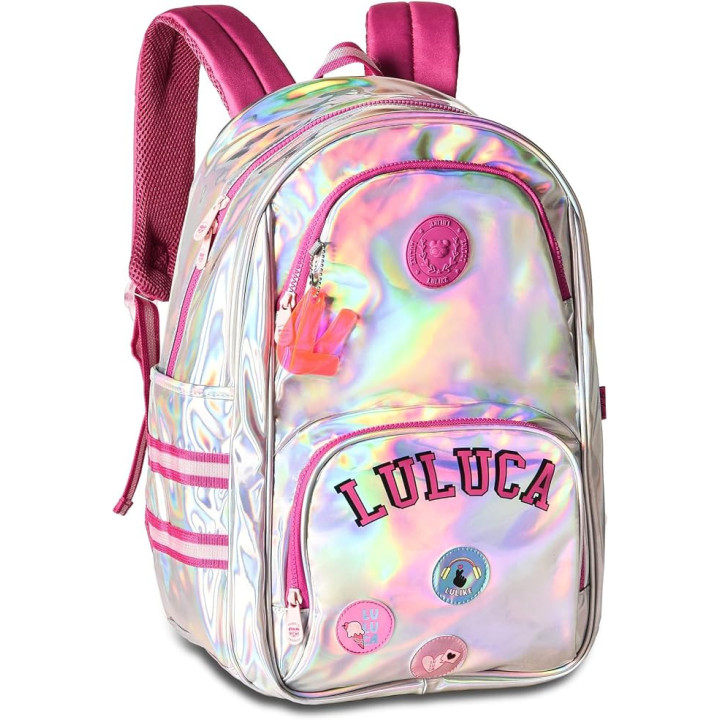 Clio Style x Luluca mochila escolar 17,5 pulgadas, material iridiscente láser, correas acolchadas, 6-15 años