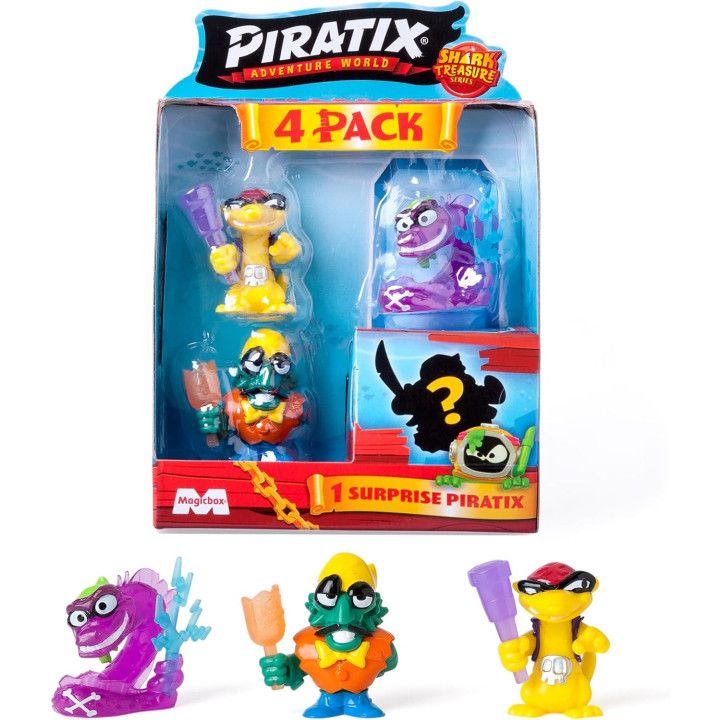 PIRATIX Adventure World Shark Treasure, pack 5 de 6, 4 Piratix (1 Cristal y 1 sorpresa) y 4 accesorios Cristal