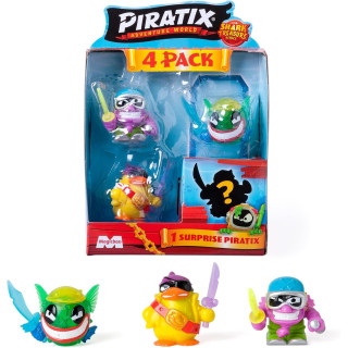 PIRATIX Adventure World Shark Treasure, pack 3 de 6, 4 Piratix (1 Cristal y 1 sorpresa) y 4 accesorios Cristal