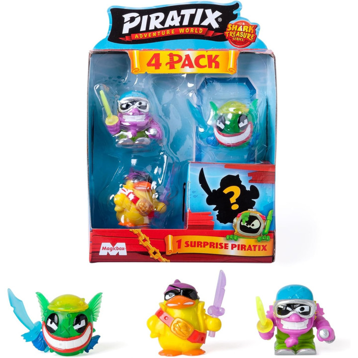 PIRATIX Adventure World Shark Treasure, pack 3 de 6, 4 Piratix (1 Cristal y 1 sorpresa) y 4 accesorios Cristal