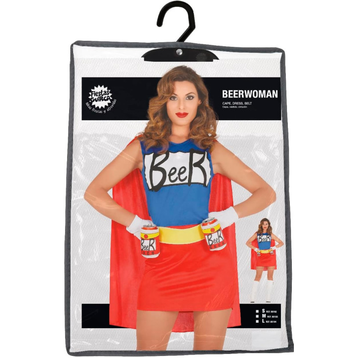 Fiestas Guirca disfraz Beerwoman mujer, azul y rojo, L 42-44, 4 piezas con capa y sujetalatas, poliéster