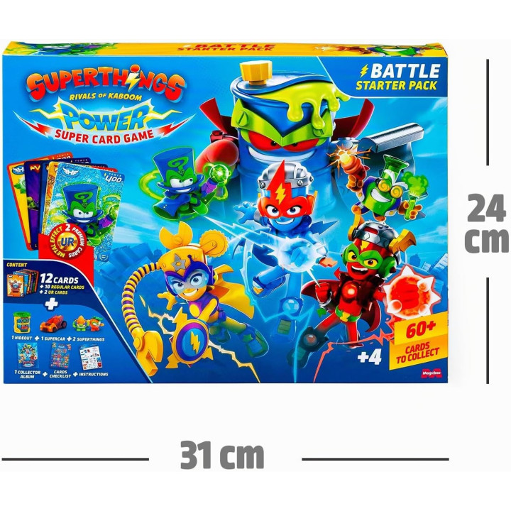 SUPERTHINGS Power Super Card Game Battle Starter Pack, Hideout, Supercar, 2 figuras, libro de colección y 12 cartas