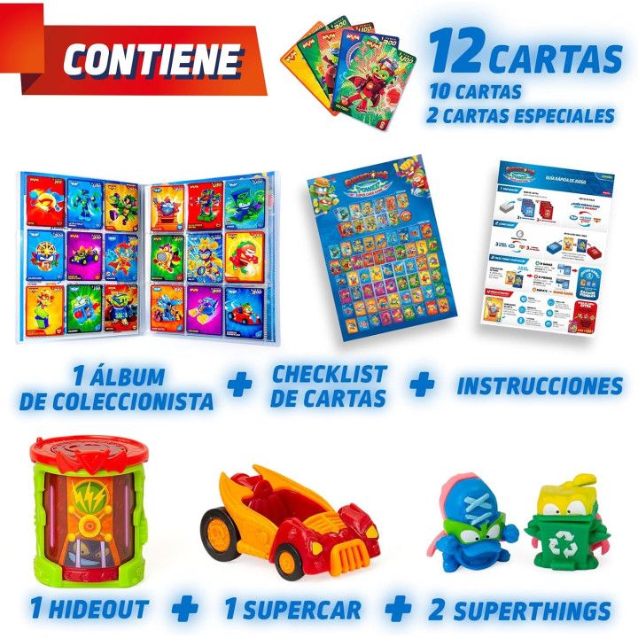 SUPERTHINGS Power Super Card Game Battle Starter Pack, Hideout, Supercar, 2 figuras, libro de colección y 12 cartas