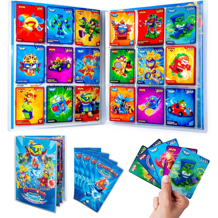SUPERTHINGS Power Super Card Game Battle Starter Pack, Hideout, Supercar, 2 figuras, libro de colección y 12 cartas