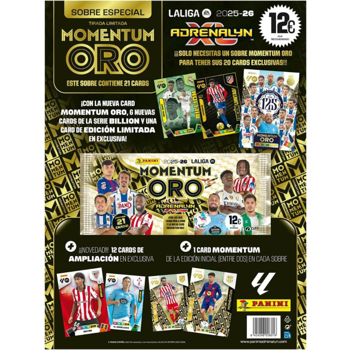 Adrenalyn XL LaLiga 2025-2026, sobre Momentum Oro con 21 cartas de fútbol exclusivas