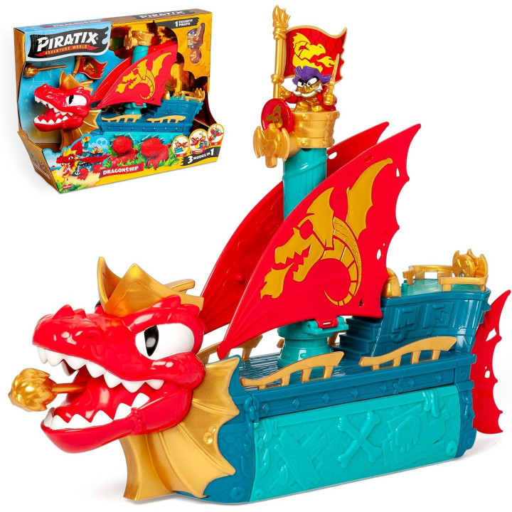 Piratix Dragon Ship - Barco dragón transformable 3 en 1 con figura y accesorios