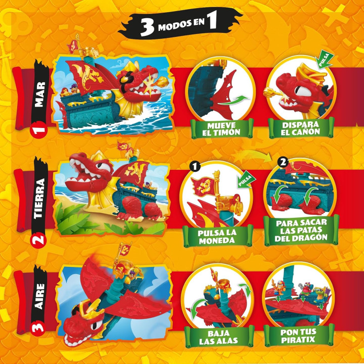 Piratix Dragon Ship - Barco dragón transformable 3 en 1 con figura y accesorios