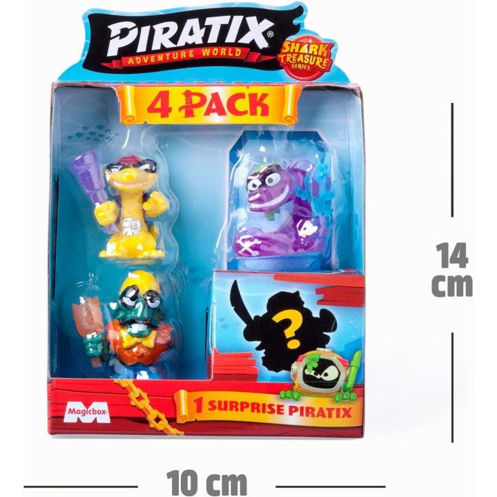 PIRATIX Adventure World Shark Treasure, pack 5 de 6, 4 Piratix (1 Cristal y 1 sorpresa) y 4 accesorios Cristal