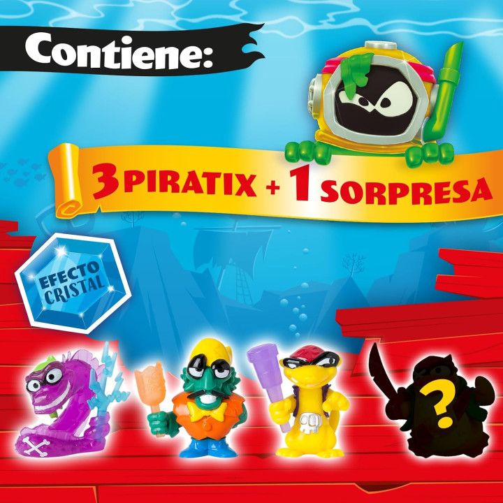 PIRATIX Adventure World Shark Treasure, pack 5 de 6, 4 Piratix (1 Cristal y 1 sorpresa) y 4 accesorios Cristal
