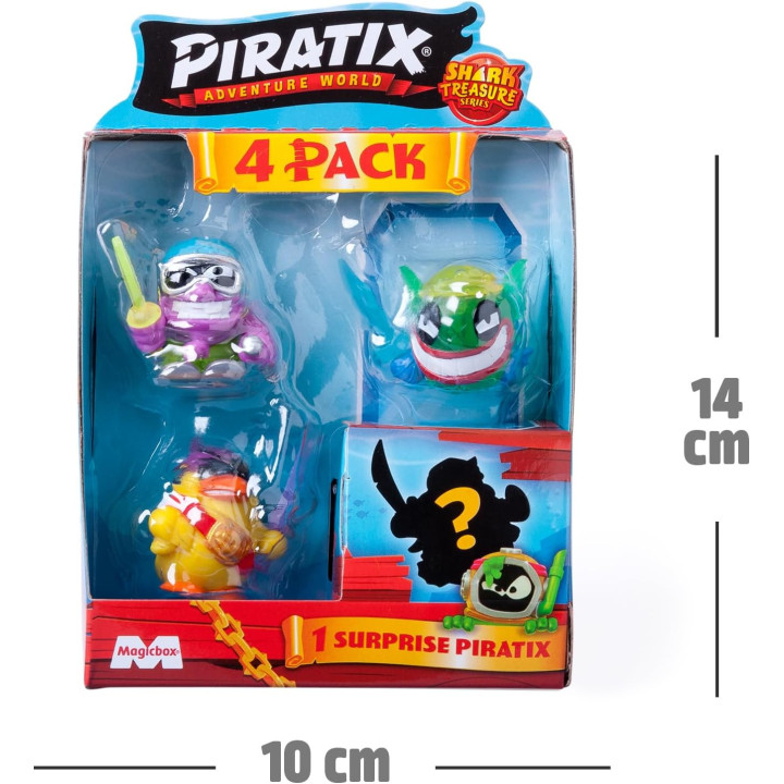 PIRATIX Adventure World Shark Treasure, pack 3 de 6, 4 Piratix (1 Cristal y 1 sorpresa) y 4 accesorios Cristal