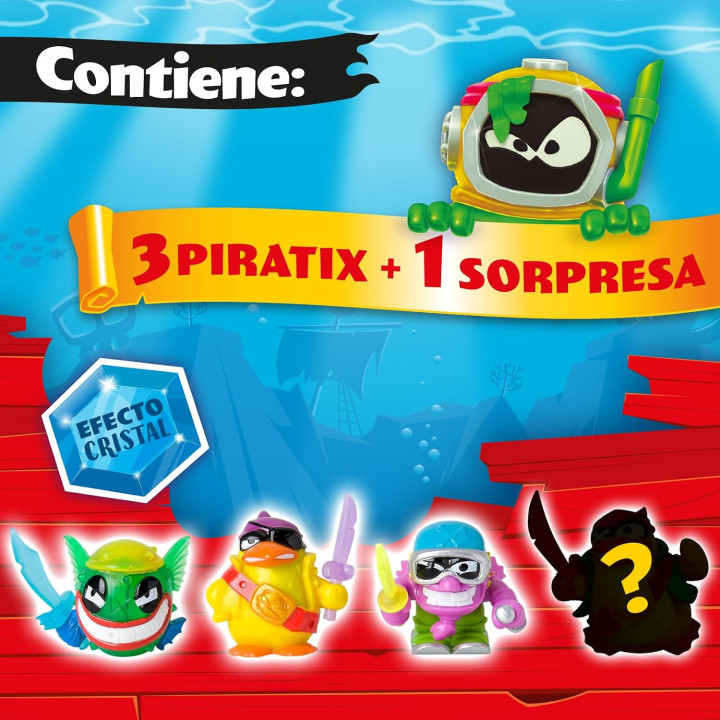 PIRATIX Adventure World Shark Treasure, pack 3 de 6, 4 Piratix (1 Cristal y 1 sorpresa) y 4 accesorios Cristal