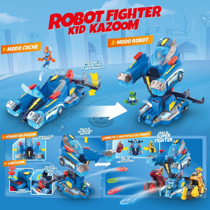 SUPERTHINGS Robot Fighter, vehículo transformable de Kid Kazoom con figura y carta exclusiva