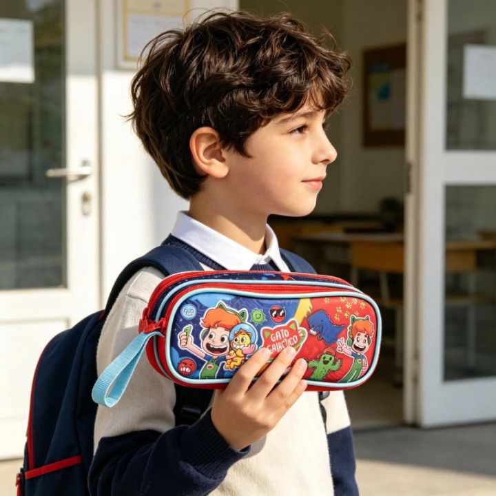Clio Style Gato Galáctico, estuche escolar de doble cremallera, 21 × 9 × 6 cm
