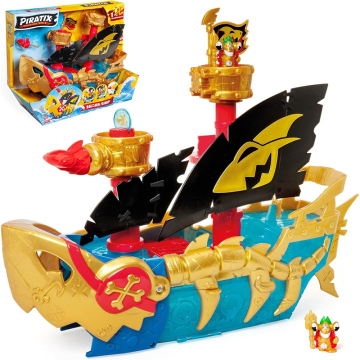 PIRATIX Shark Ship, barco tiburón con figura exclusiva, tesoro y proyectil