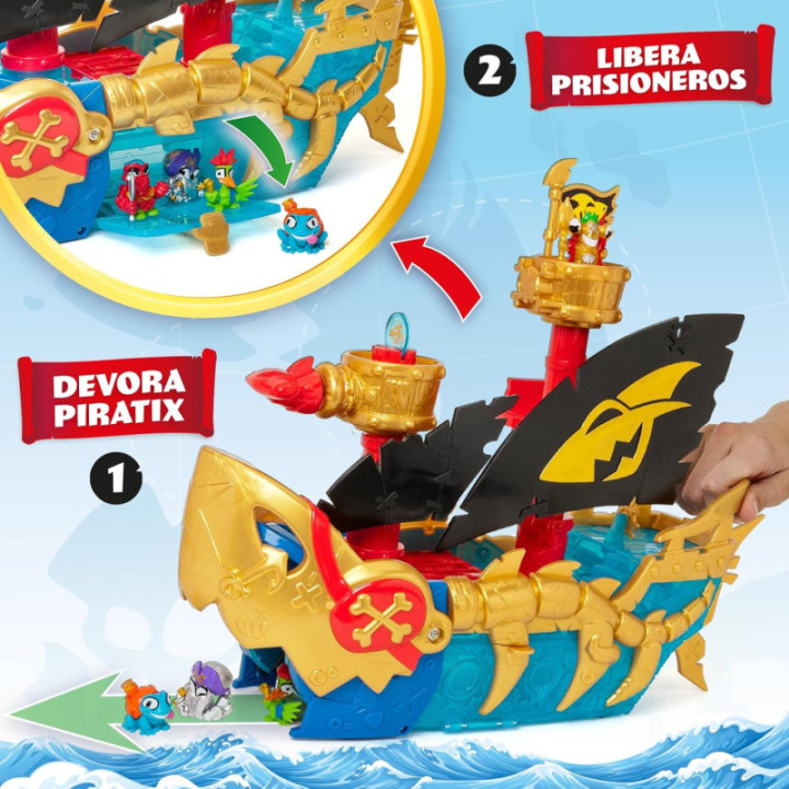 PIRATIX Shark Ship, barco tiburón con figura exclusiva, tesoro y proyectil