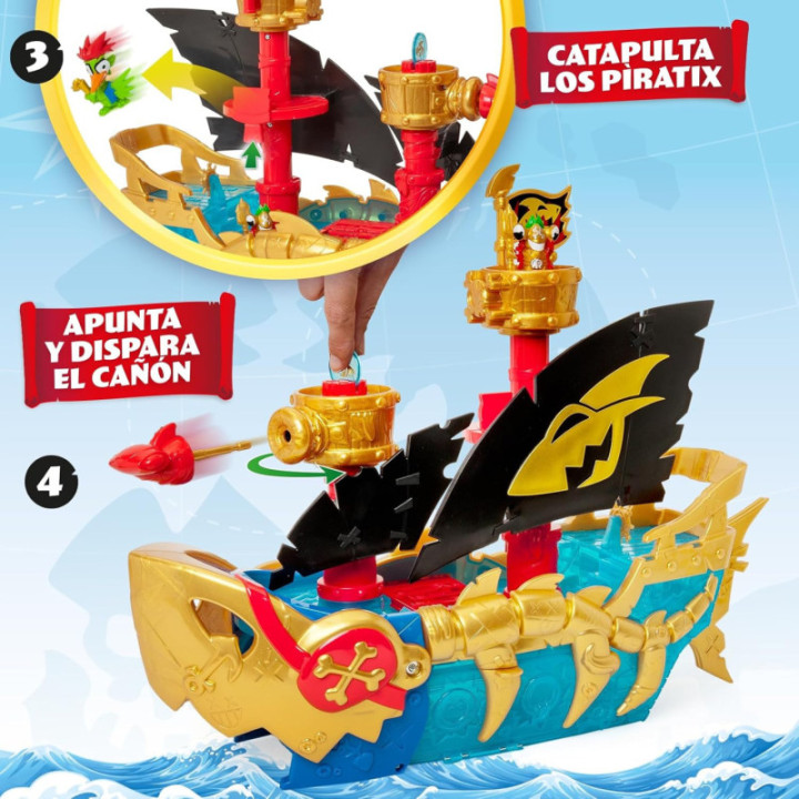 PIRATIX Shark Ship, barco tiburón con figura exclusiva, tesoro y proyectil