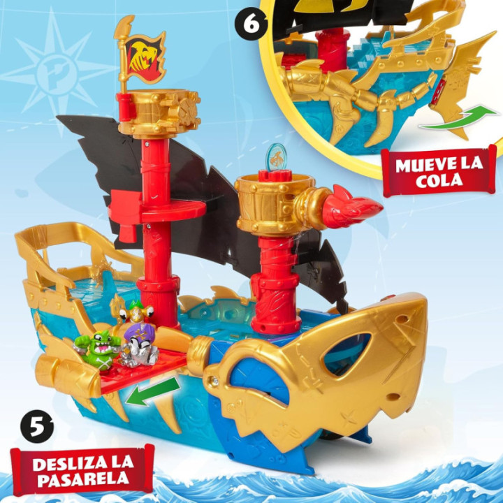 PIRATIX Shark Ship, barco tiburón con figura exclusiva, tesoro y proyectil
