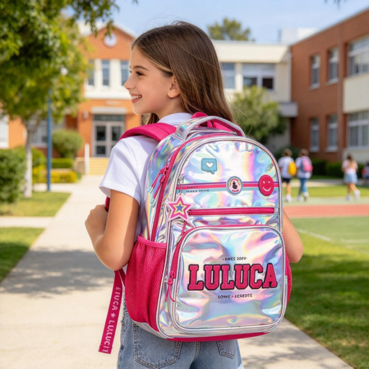 Clio Style x Luluca, mochila escolar iridiscente de 17,5 pulgadas, LU24012
