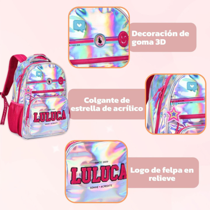 Clio Style x Luluca, mochila escolar iridiscente de 17,5 pulgadas, LU24012