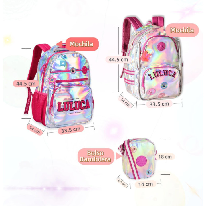 Clio Style x Luluca, mochila escolar iridiscente de 17,5 pulgadas, LU24012