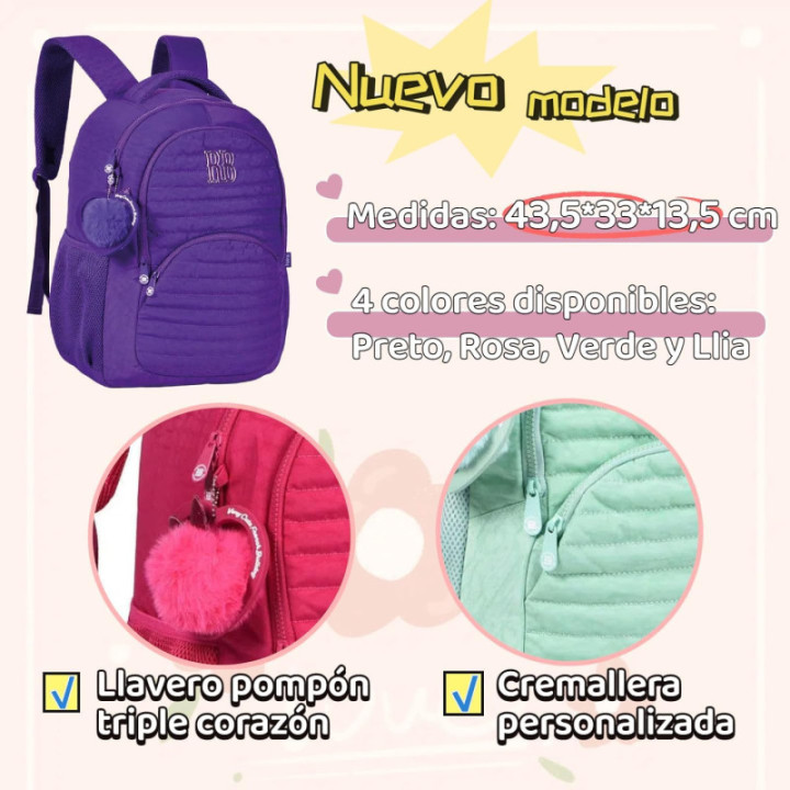 Clio Style x Rebecca Bonbon, mochila escolar lila con textura de rombos, RB3522LL