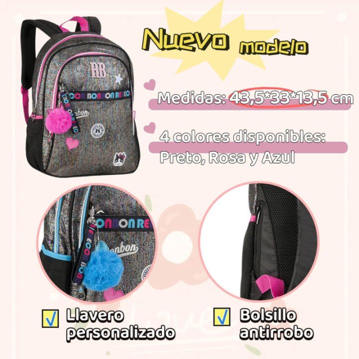 Clio Style x Rebecca Bonbon, mochila escolar de 17 pulgadas, negro, RB3213PT