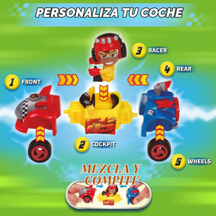 T-Racers Glow Race, coche desmontable y piloto sorpresa coleccionable