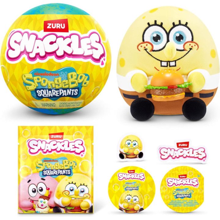 ZURU Snackles Bob Esponja, peluche de 13 cm con accesorio de snack