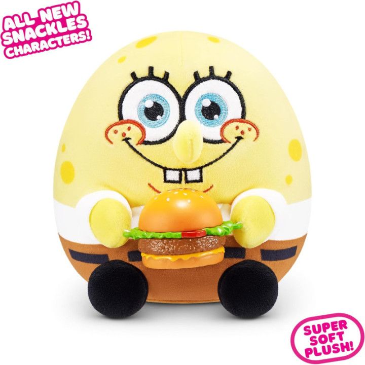 ZURU Snackles Bob Esponja, peluche de 13 cm con accesorio de snack
