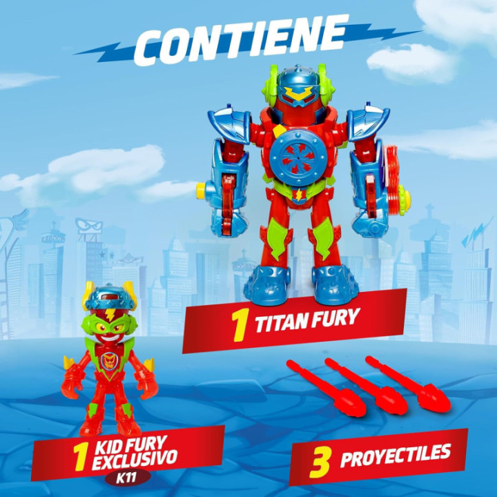 SUPERTHINGS Kazoom Power Titan Fury, robot con Kid Fury exclusivo y 3 proyectiles