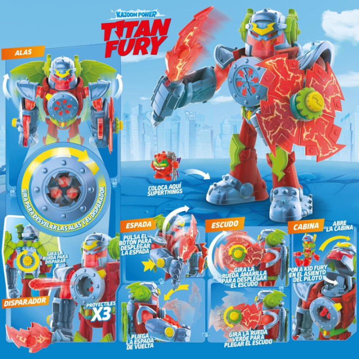SUPERTHINGS Kazoom Power Titan Fury, robot con Kid Fury exclusivo y 3 proyectiles