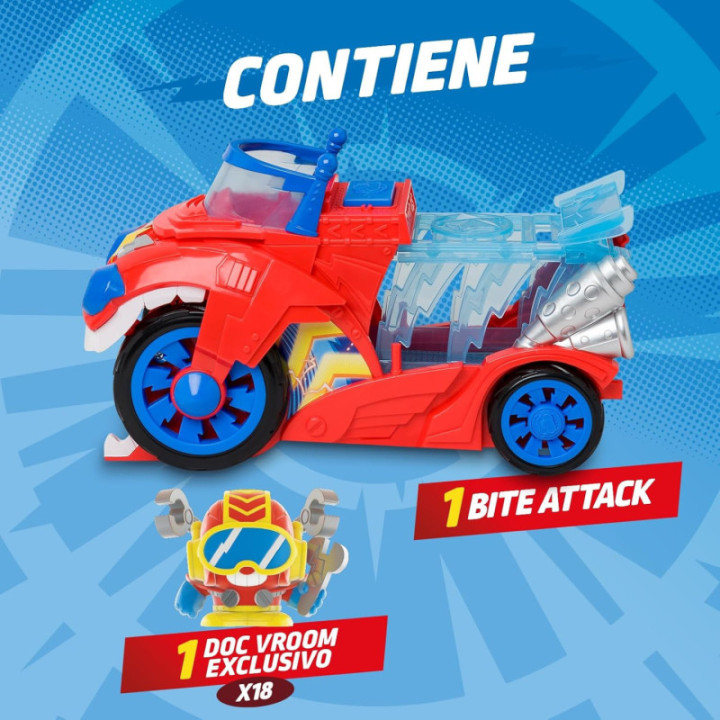 SUPERTHINGS Bite Attack, vehículo de Doc Vroom con figura exclusiva y cárcel extraíble