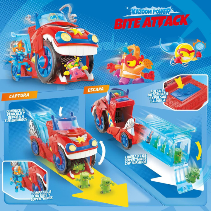 SUPERTHINGS Bite Attack, vehículo de Doc Vroom con figura exclusiva y cárcel extraíble