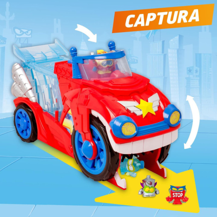 SUPERTHINGS Bite Attack, vehículo de Doc Vroom con figura exclusiva y cárcel extraíble