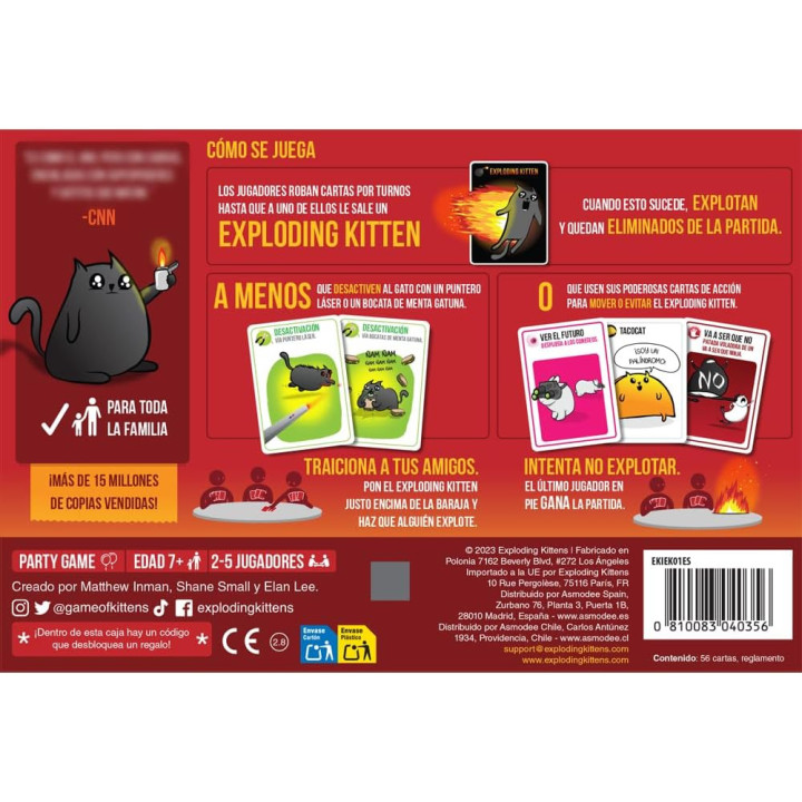 Asmodee Exploding Kittens, juego básico de cartas para 2 a 5 jugadores