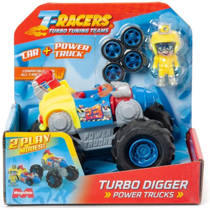 T-Racers Turbo Digger, Power Truck con coche y piloto Super Miner exclusivos