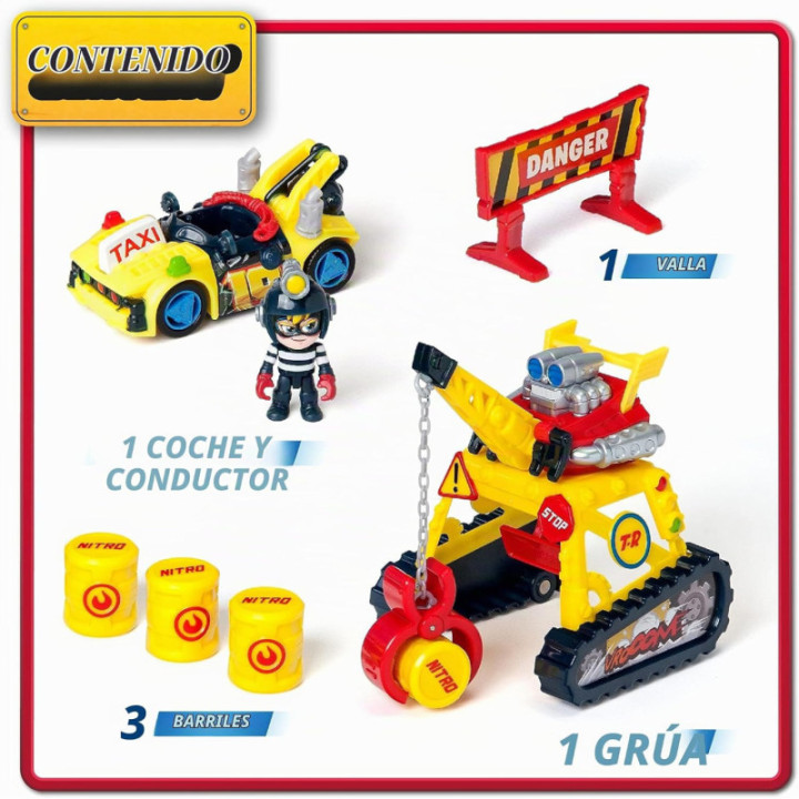 T-Racers Turbo Crane Challenge, grúa con coche y piloto Mr Meaner exclusivos