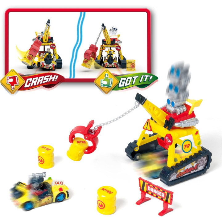 T-Racers Turbo Crane Challenge, grúa con coche y piloto Mr Meaner exclusivos