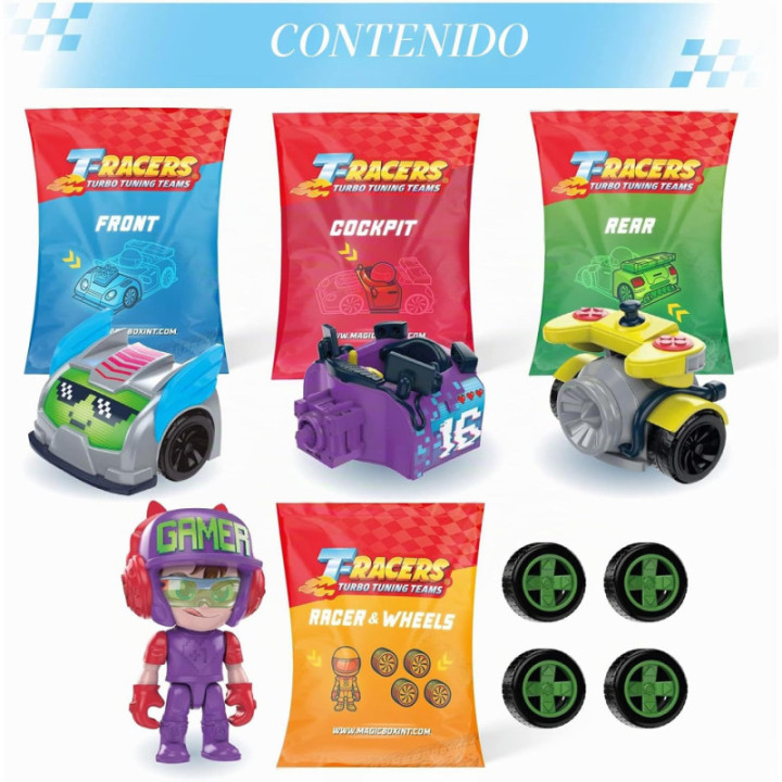 T-Racers Glow Race, colección completa de 8 coches y pilotos