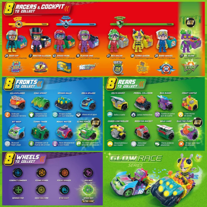 T-Racers Glow Race, colección completa de 8 coches y pilotos