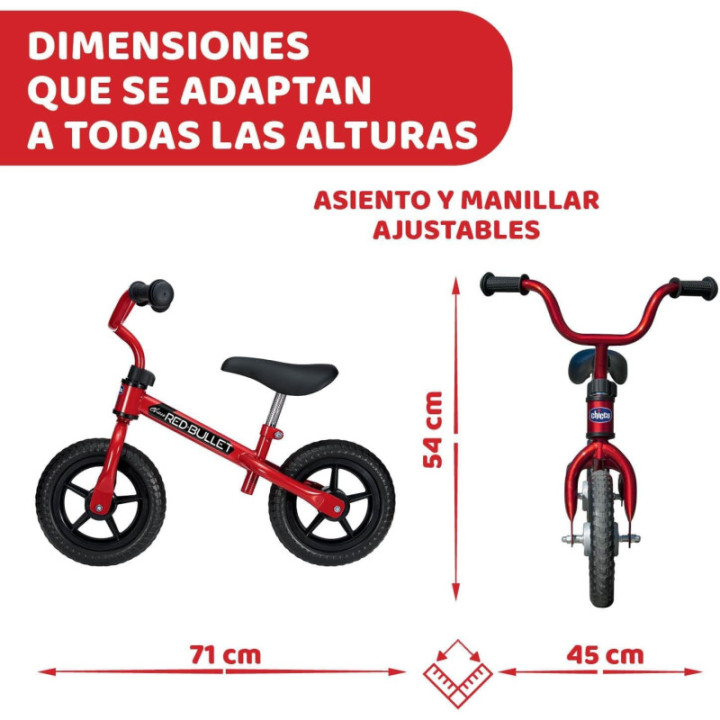 Chicco First Bike roja, bicicleta sin pedales con sillín y manillar ajustables
