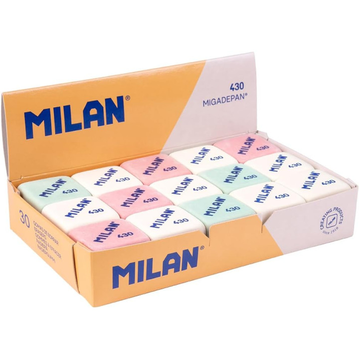 Milan 430, caja de 30 gomas de borrar cuadradas tipo miga de pan