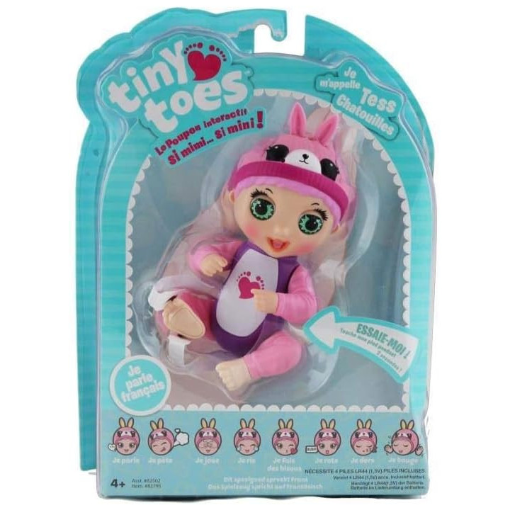 Bandai Tiny Toes conejo rosa, minimuñeca interactiva de 14 cm, versión francesa