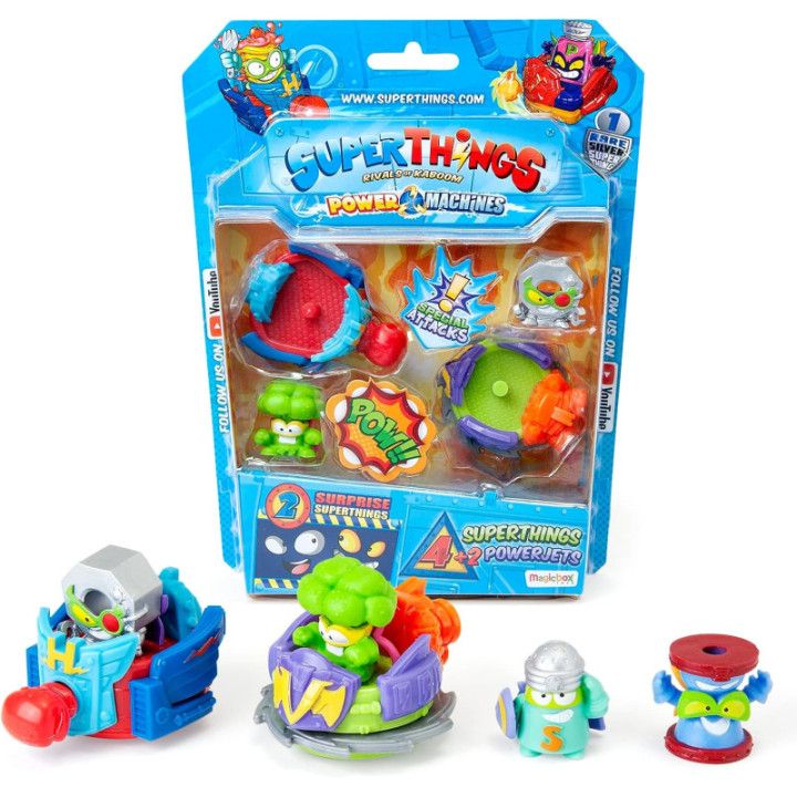 SUPERTHINGS Power Machines – Blíster 4 SuperThings (Incluye 1 capitán Plateado) y 2 PowerJets Diferentes.